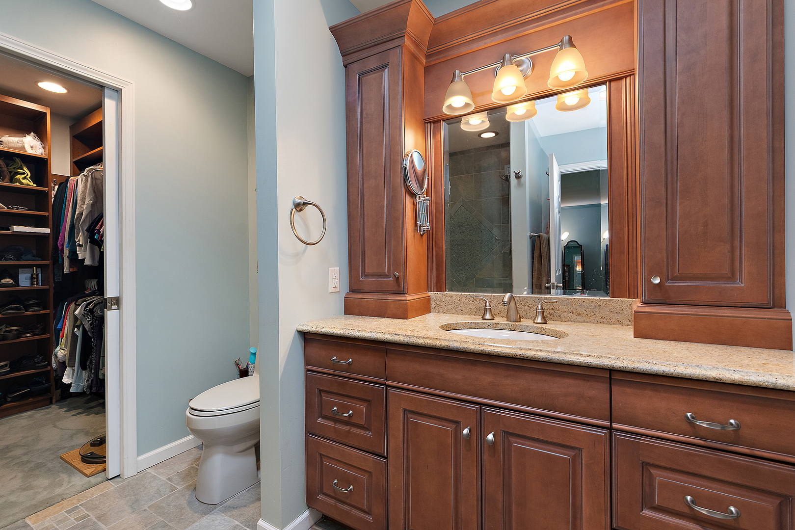 581 Aberdeen Road Frankfort, IL 60423 - Photo 28 of 65 a bathroom with a granite countertop sink a toilet and a mirror