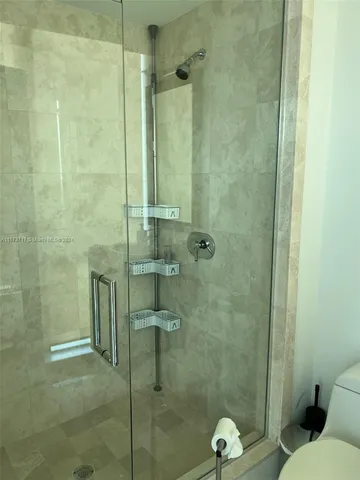 a bathroom with a shower and toilet