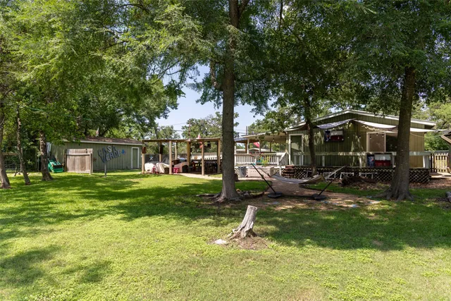 a view of a backyard with table and chairs potted plants and large tree