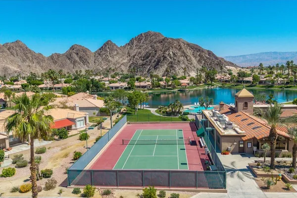 an aerial view of a swimming pool
