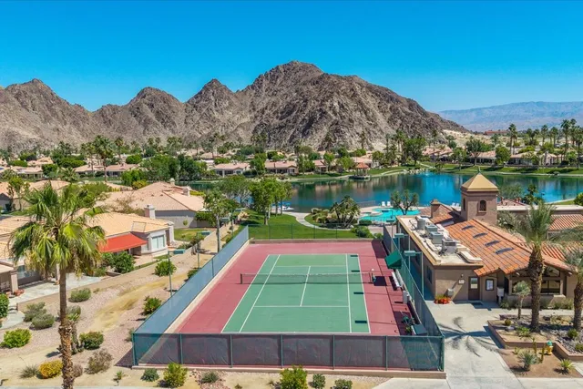 an aerial view of a swimming pool