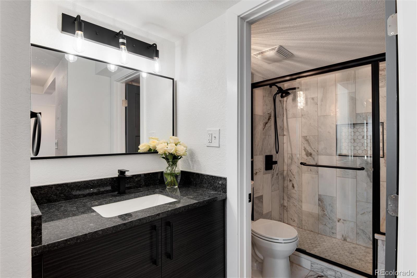 2 Adams Street, Unit 1504 Denver, CO 80206 - Photo 15 of 43 a bathroom with a granite countertop sink toilet and shower