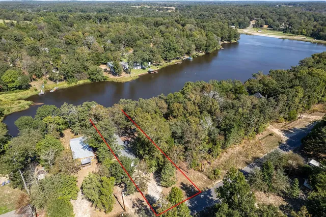 an aerial view of residential houses with outdoor space and trees all around