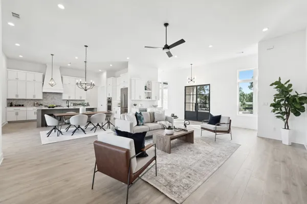a living room with lots of furniture and a potted plant