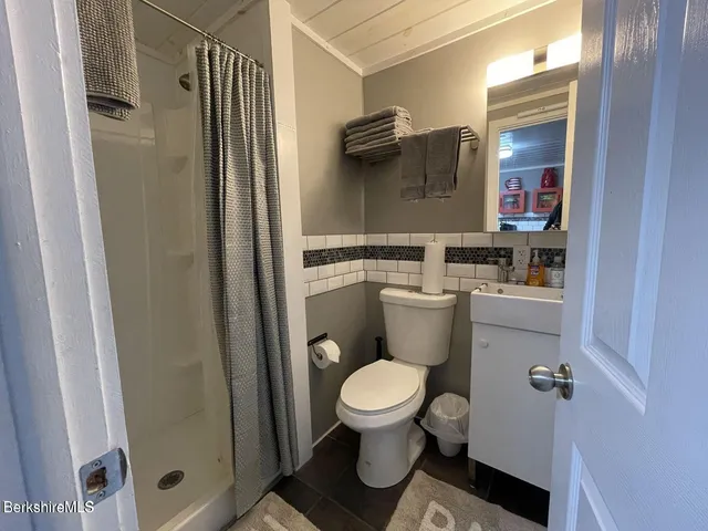 a bathroom with a toilet and a shower