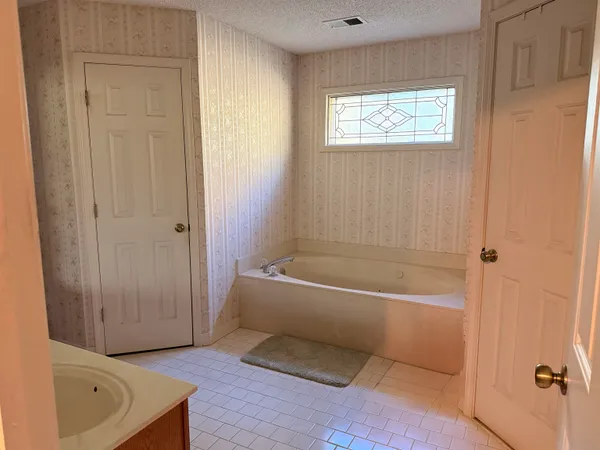 a bathroom with a tub a sink and a shower