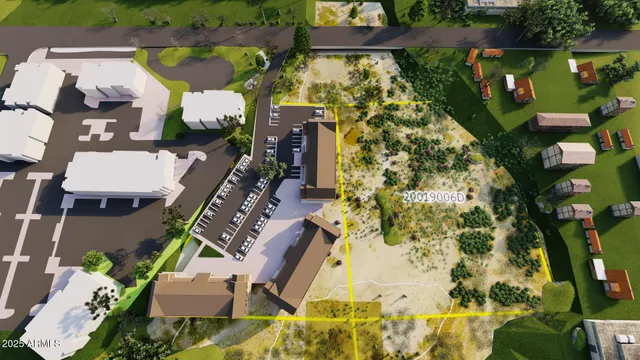 an aerial view of a house with a garden