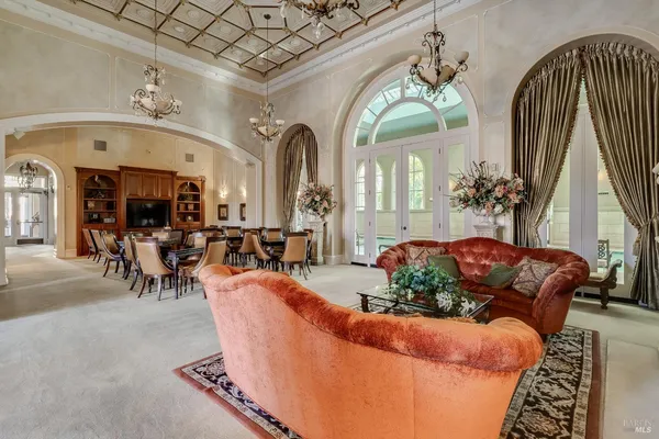 a living room with furniture a fireplace and potted plant