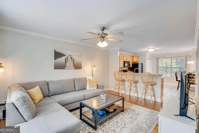 a living room with furniture a ceiling fan and a rug