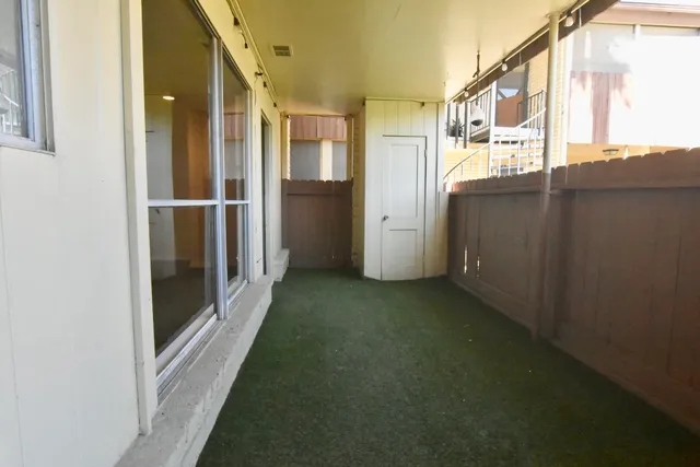 a view of a hallway with city view