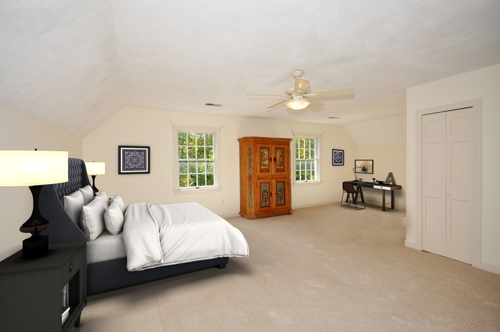 5 Partridge Pond Road Acton, MA 01720 - Photo 14 of 26 a spacious bedroom with a bed and a chandelier