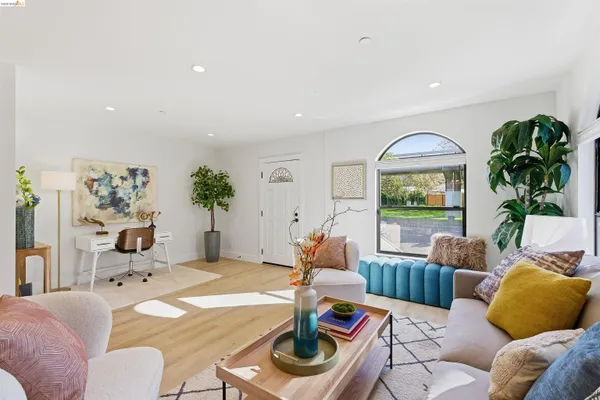 a living room with furniture and a potted plant
