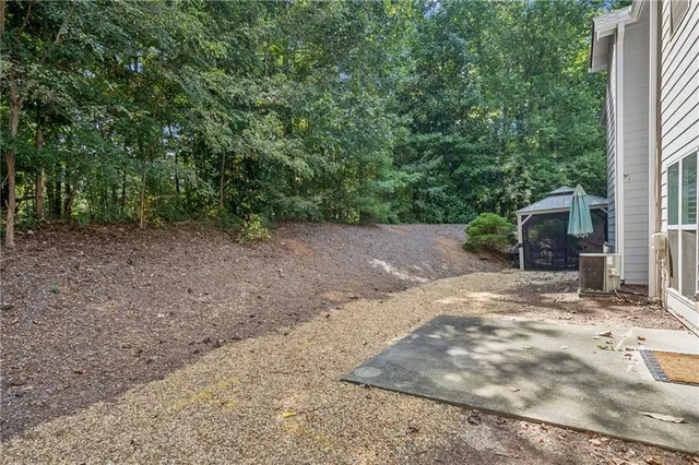 a view of a yard with plants and a tree
