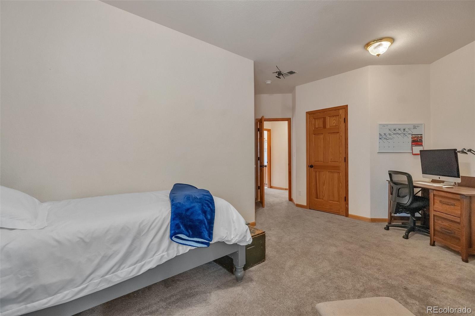9590 South Warhawk Road Conifer, CO 80433 - Photo 28 of 43 a spacious bedroom with a bed and a desk in it