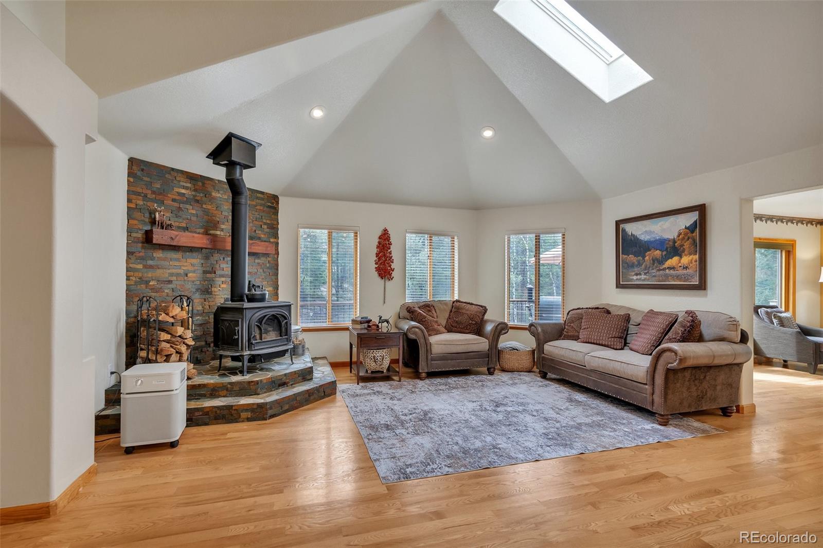 9590 South Warhawk Road Conifer, CO 80433 - Photo 4 of 43 a living room with furniture or couch and a fireplace