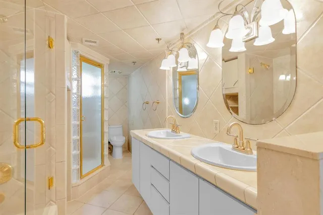 a view of a park with large trees