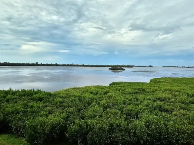 a view of a lake with houses in the back