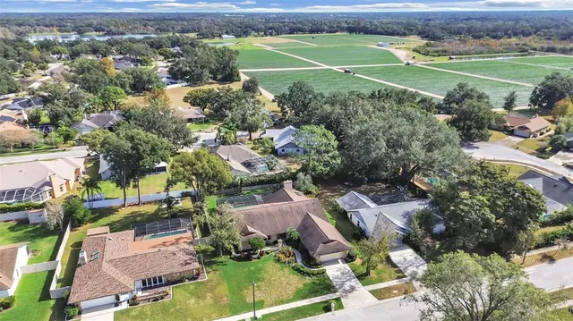 an aerial view of residential houses with outdoor space and trees