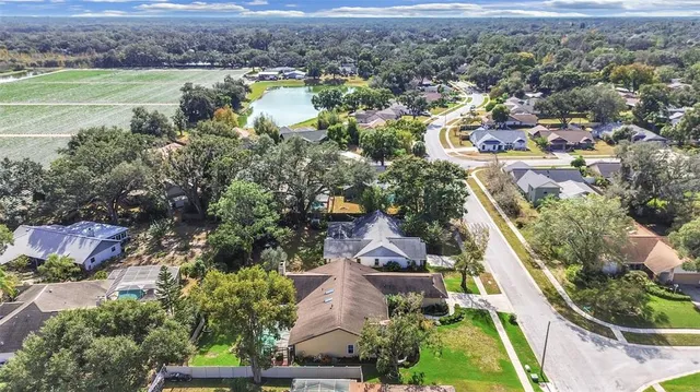 an aerial view of residential houses with outdoor space and river
