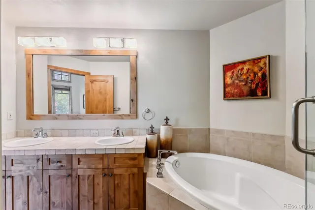 a bathroom with a tub a sink and mirror