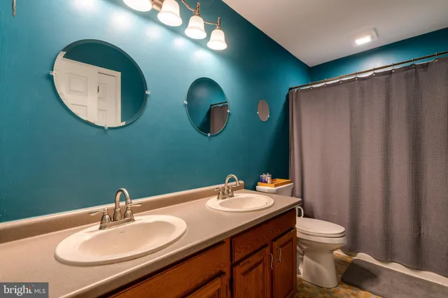 a bathroom with a double vanity sink and a mirror