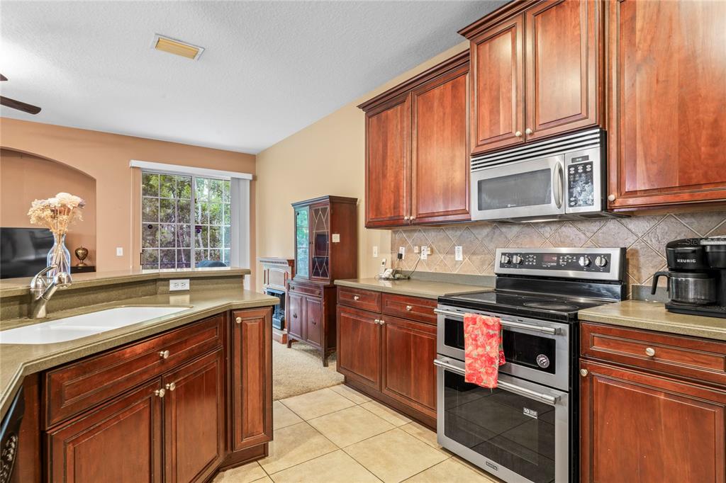 8604 Great Egret Trace New Port Richey, FL 34653 - Photo 13 of 55 a kitchen with stainless steel appliances granite countertop a sink stove and microwave
