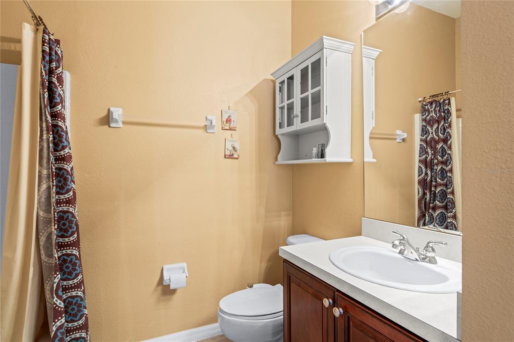 8604 Great Egret Trace New Port Richey, FL 34653 - Photo 26 of 55 a bathroom with a sink a toilet and shower curtain