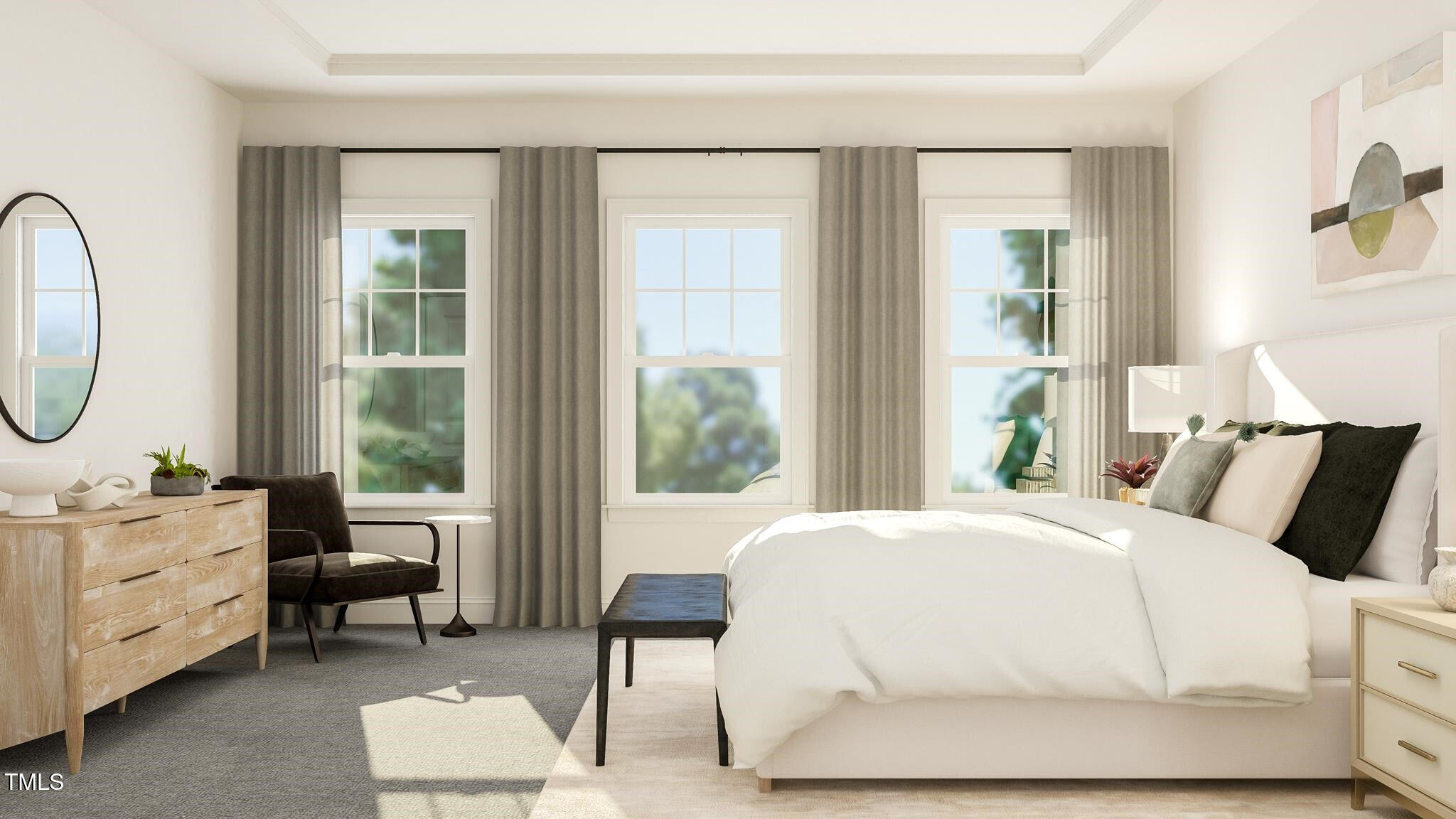 336 Calvander Lane Apex, NC 27539 - Photo 25 of 38 a bedroom with a bed a mirror and a large window with outer view