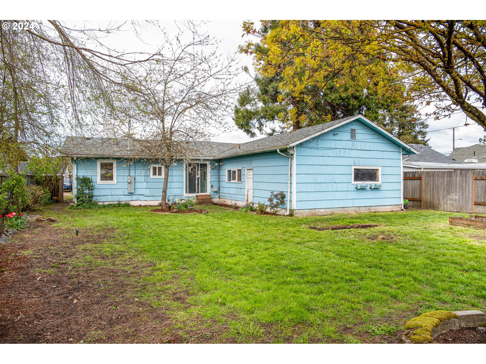 1159 M Street Springfield, OR 97477 - Photo 5 of 16 a backyard of a house with large trees and barbeque oven