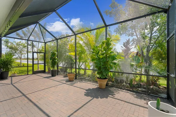 a garden view with a seating space