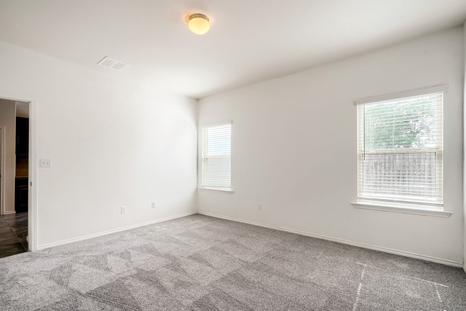 2420 Ranger Pass Seguin, TX 78155 - Photo 19 of 28 Spacious room featuring gray patterned carpet, white walls, two windows with blinds, a ceiling light fixture, and white trim