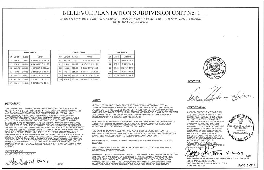 491 Cotton Valley Road Haughton, LA 71037 - Photo 17 of 17 Subdivision Plat. Detailing the subdivision layout, including dedication, notes, and certification for the property