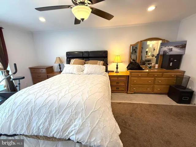 a spacious bedroom with a bed a dresser and potted plants