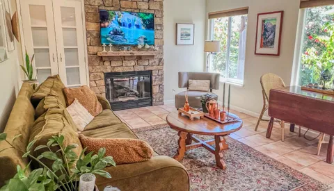 a living room with furniture and a fireplace