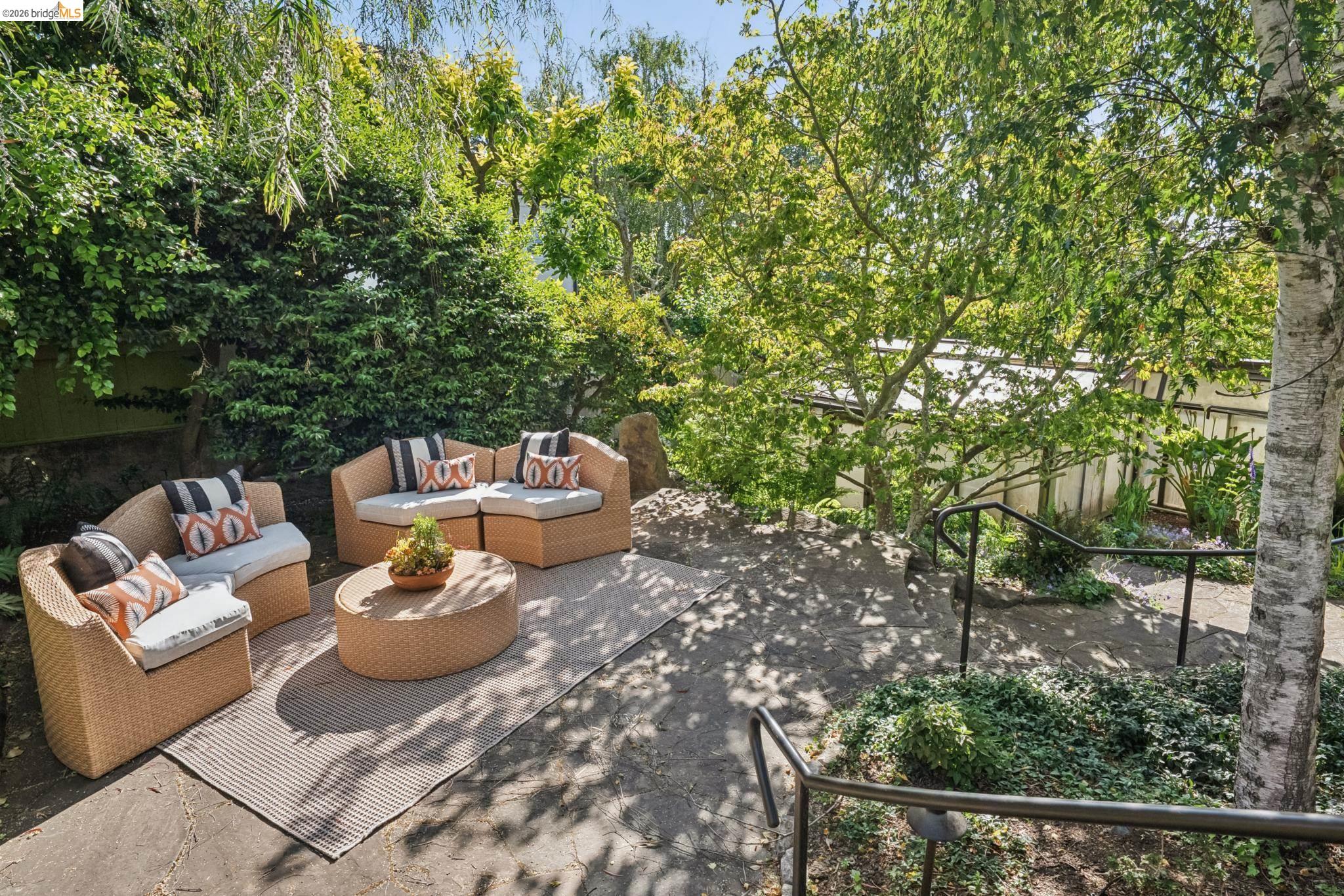 576 Vistamont Avenue Berkeley, CA 94708 - Photo 31 of 33 Expansive patio area featuring a concrete surface, surrounded by mature trees and lush greenery