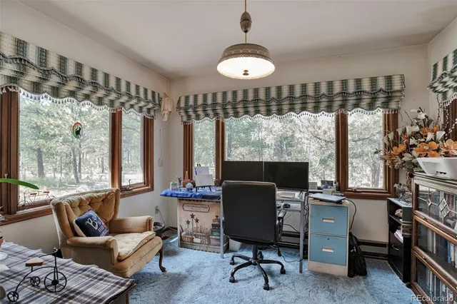 a view of a livingroom with furniture and a window