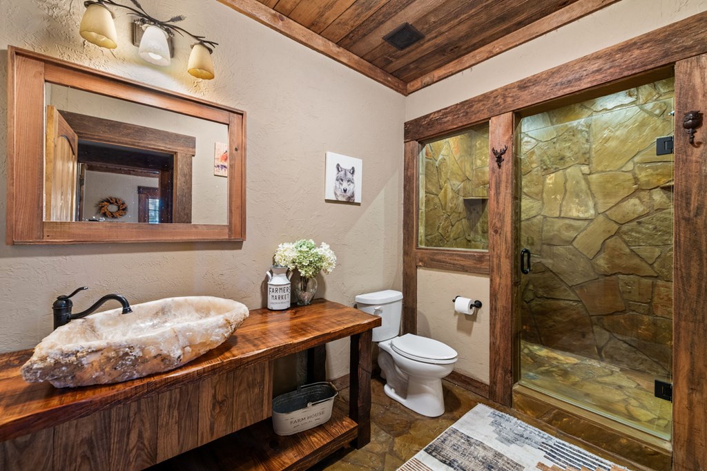 114 Price Circle Blue Ridge, GA 30513 - Photo 46 of 65 a bathroom with a granite countertop sink a toilet and shower