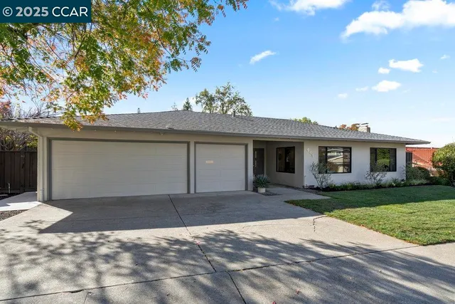 a front view of a house with a yard and a garage