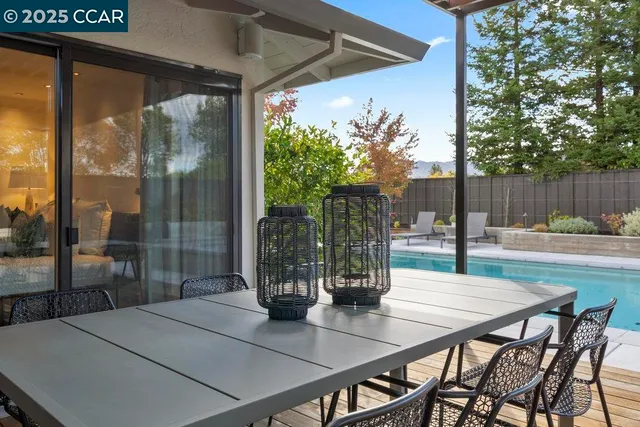 a view of swimming pool with outdoor seating and plants