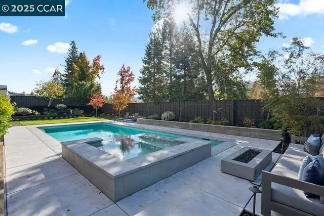 a view of a backyard with sitting area
