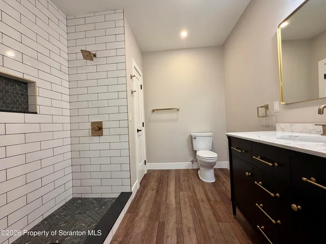 a bathroom with a sink a toilet a shower and a mirror