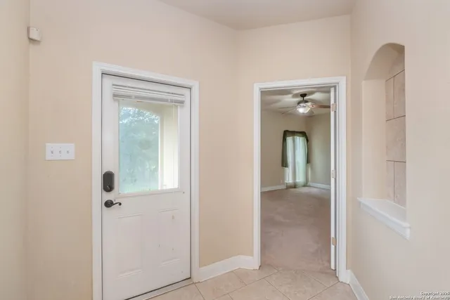 a view of a yard with wooden fence and a large tree