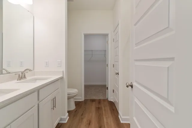 a bathroom with a sink a toilet and a large mirror