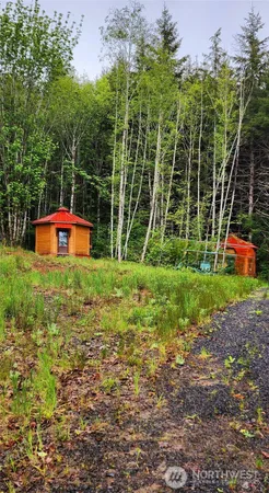 a view of a garden with a slide