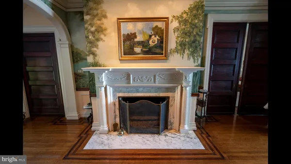 a living room with a fireplace