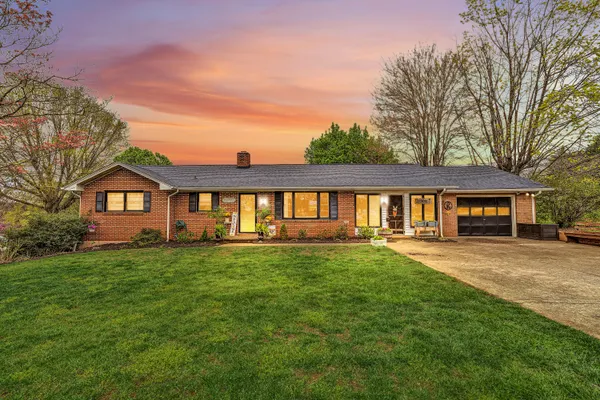 a front view of a house with yard and green space
