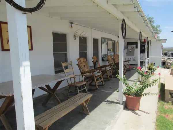a view of a patio with chairs and potted plants
