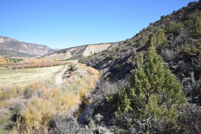 a view of a dry yard with mountains in the background