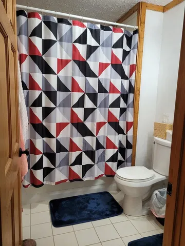 a bathroom with a toilet and a shower curtain