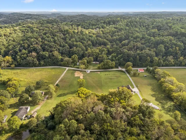 an aerial view of residential houses with outdoor space and trees